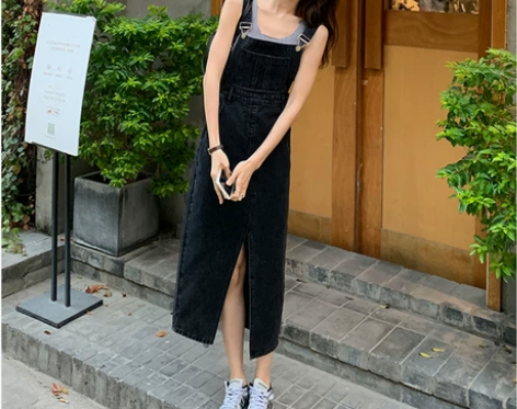 韩国复古开叉牛仔背带裙女2021年夏季新款...