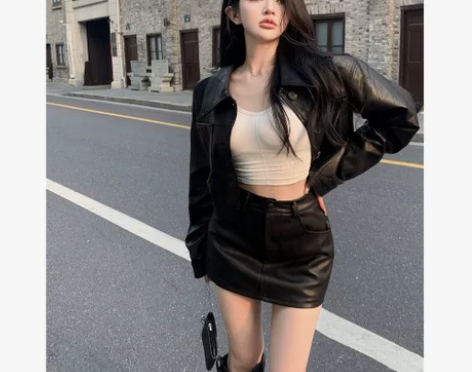 辣妹性感黑色皮裙女秋小个子短裙高腰显瘦半身...