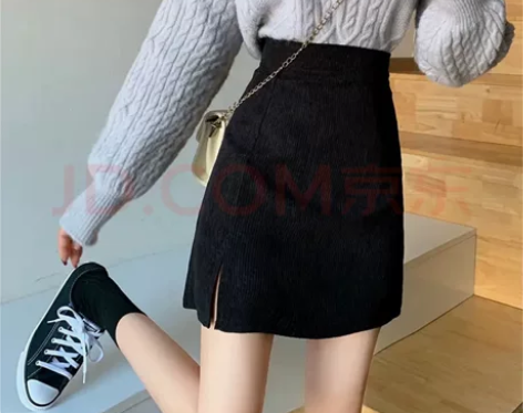 灯芯绒短裙半身裙女，高腰显瘦开叉A字裙 黑...