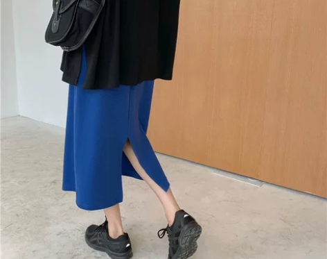 大码蓝色后开叉长裙春夏新款显瘦百搭一步裙学...