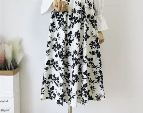 复古水墨风飘逸印花长款A字显瘦甜美碎花半身...