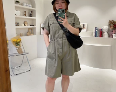 rose家大码夏季工装风洗水棉短裤款连体服...