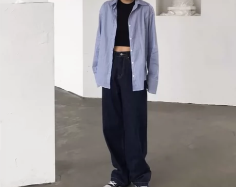 BAYUE八月 深蓝色牛仔裤女春秋高腰直筒...