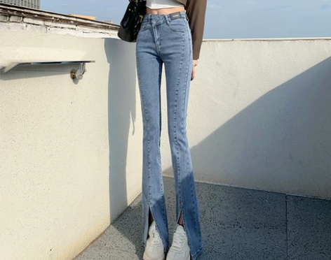 高腰开叉微喇牛仔裤女2022春装垂感宽松显...
