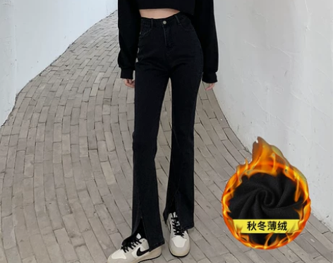 开叉牛仔裤女秋冬季加绒高腰直筒黑色小个子分...