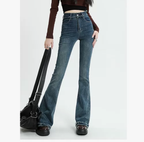 复古蓝微喇牛仔裤女高腰小个子加绒冬季马蹄喇...