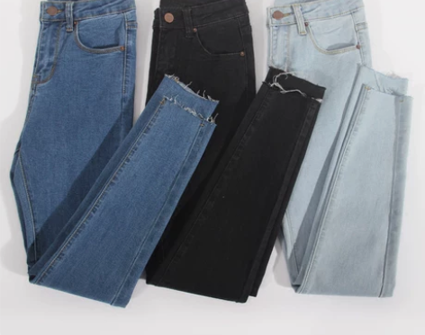 基础款高腰弹力牛仔裤小脚裤长裤毛边修身显瘦...