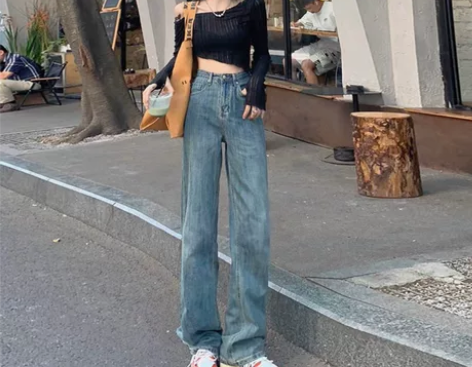 弄格2022年新品复古做旧水洗高腰直筒牛仔...