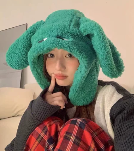 巨显白秋冬可爱绿狗帽子毛绒防风保暖搞怪护耳...