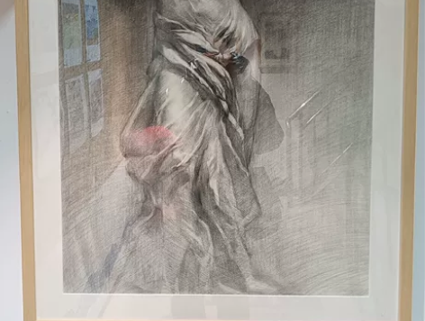 全新素描半开，?装裱的作品，画面中存在镜面...