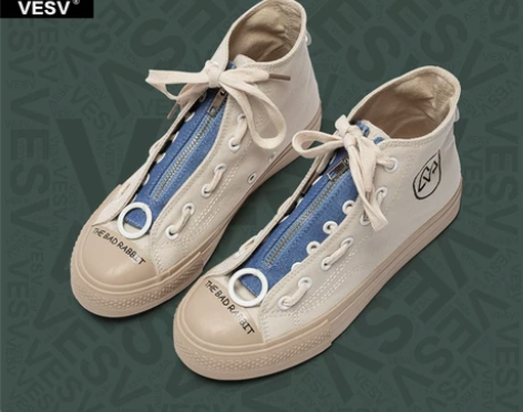 VESV女鞋侧拉链高帮帆布鞋女韩版百搭情侣...