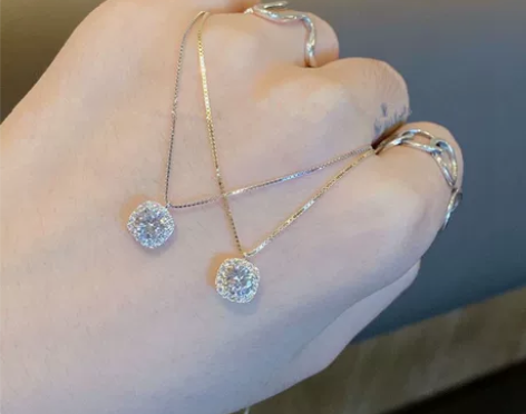 s925纯银小方形镶钻项链女潮学生韩版简约...