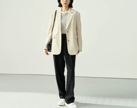米白色后背开叉西装外套女2023春季新款高...