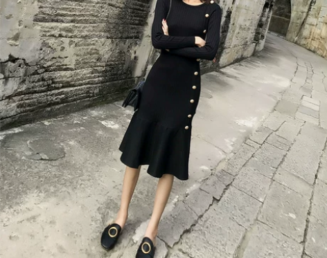 2018新款秋装女装针织法式裙鱼尾秋季桔梗...
