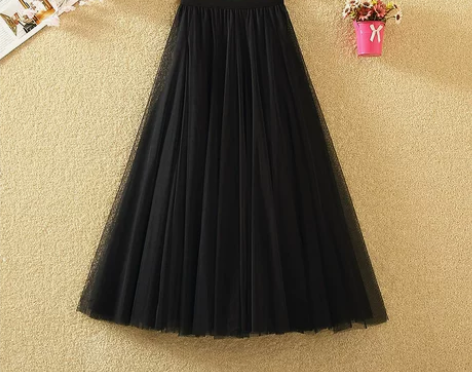 网纱半身裙秋冬女百褶裙中长款黑色纱裙202...
