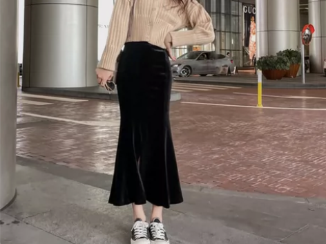 金丝绒高腰开叉鱼尾裙半身裙女2022显瘦a...