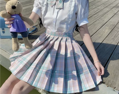 原创学院风短袖衬衫少女jk制服裙正版格裙夏...