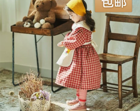 儿童红色连衣裙方格裙新年款童装田园风带围裙...