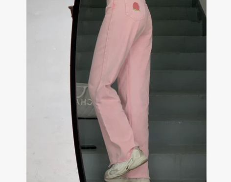 財哥粉色休闲裤女高腰2021新款宽松直筒设...