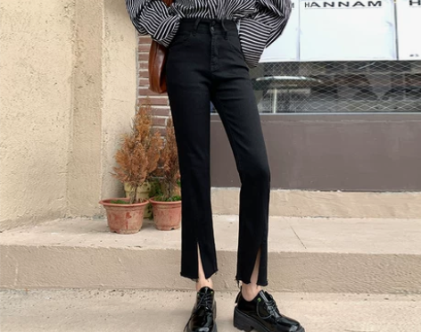 黑色喇叭牛仔裤女秋季新款宽松高腰九分显瘦百...