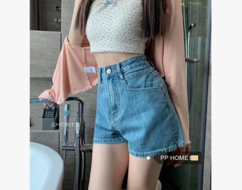 PPHOME显瘦A字裤~高腰牛仔短裤夏季复...