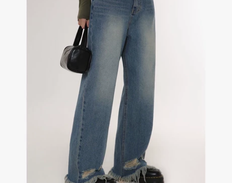 高街阔腿牛仔裤女秋冬新款宽松直筒设计感高腰...