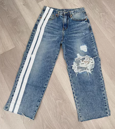 全新复古蓝破洞牛仔阔腿裤做旧宽松高腰显腿长...