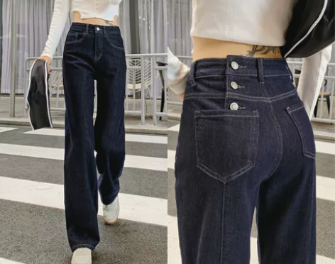 高腰排扣阔腿牛仔裤女直筒2021春秋季新款...