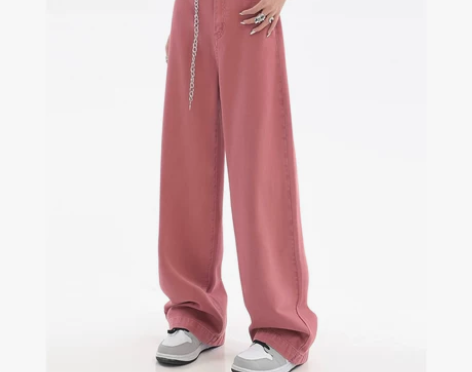 【狂欢价】美式复古粉色直筒牛仔裤女秋高街新...