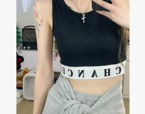 財哥不熬夜 黑色运动风背心女夏季外穿背心女...