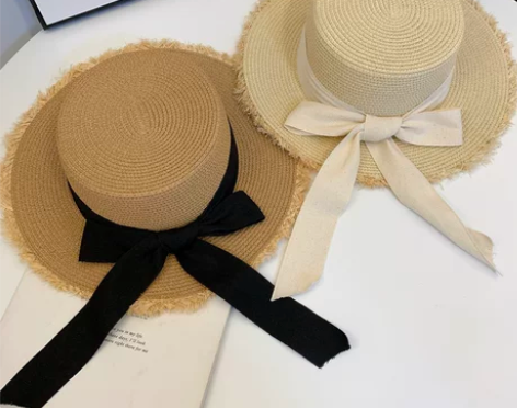 日系百搭毛边草帽女夏平顶出游太阳帽田园小清...