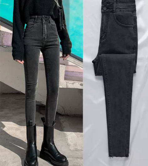 高腰牛仔裤女2022年新款显瘦烟灰色修身紧...
