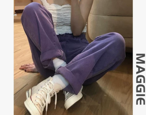 紫色裤子女ins高街梨形身材直筒牛仔裤高腰...