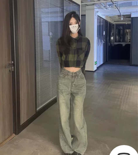 哲娜纯美式高街牛仔裤女复古高腰设计感新款休...