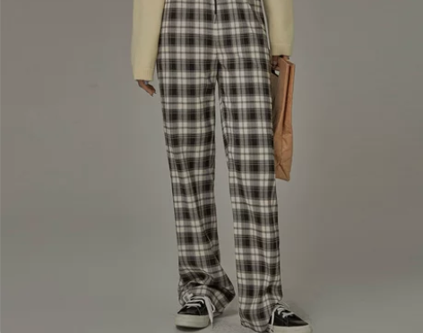 CHUU格子拖地裤女2021年新款春季高腰显瘦宽松复古直筒...