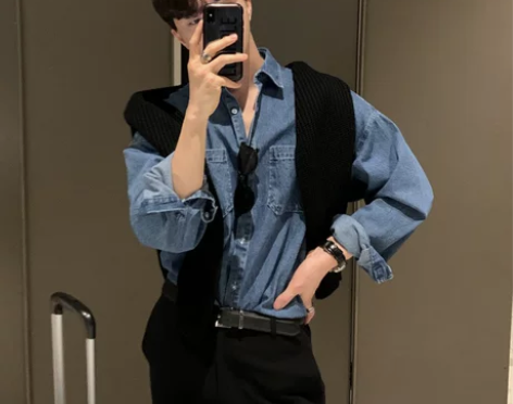 浅蓝色长袖牛仔衬衫男潮牌宽松韩版潮流休闲上衣港风复古百搭外套...