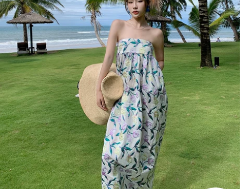 三亚拍照度假风海边沙滩长裙法式复古小众提花...