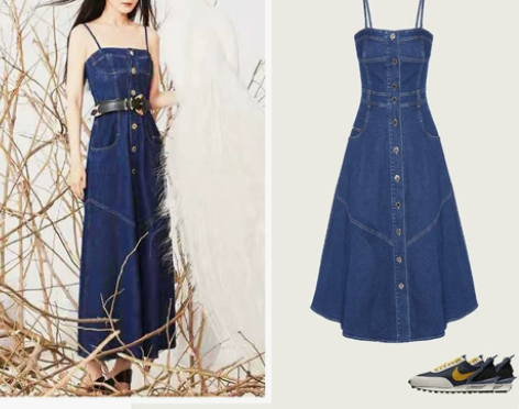 杨幂同款背带裙女夏季显高牛仔吊带连衣裙抹胸...