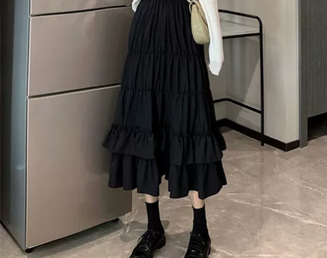 黑色高腰赫本风蓬蓬裙女秋季新款中长款半身裙...