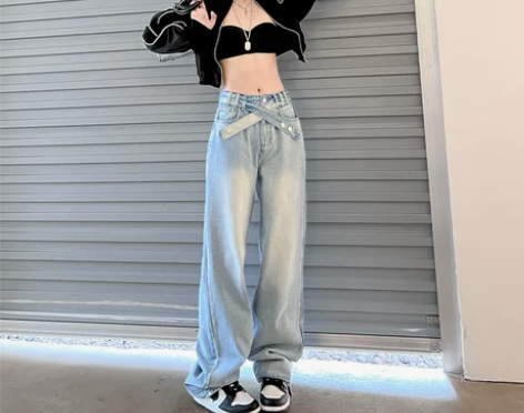 IGHF水洗蓝高腰牛仔裤女美式直筒秋冬高街...