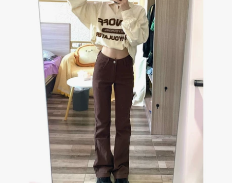 美式复古咖色微喇弹力牛仔裤女高腰显瘦阔腿裤...