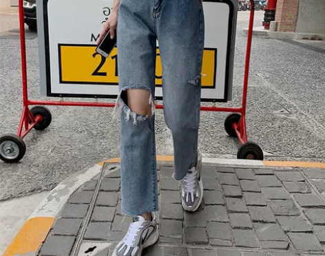 破洞牛仔裤女夏ins潮直筒宽松高腰显瘦乞丐...