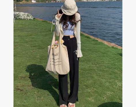 白水女 开叉西装休闲裤女夏季显瘦不规则高腰...