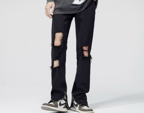 美式高街ins破洞牛仔裤小众设计感黑色开叉...