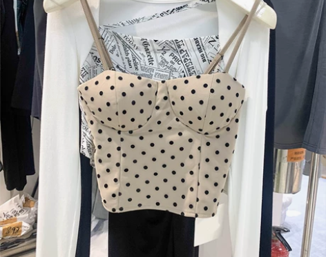 秋装设计感小众外穿短款无袖上衣网纱波点吊带...