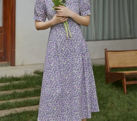 独束大码女装方领泡泡袖紫色碎花连衣裙夏胖m...