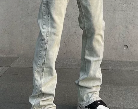 黄泥染浅色拼接牛仔裤男夏季高腰直筒美式复古...