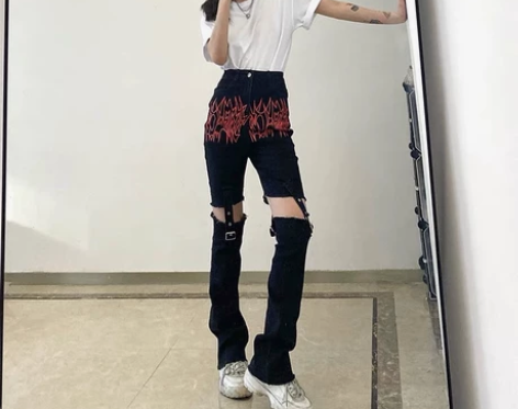 1:两穿印花可拆卸链条牛仔裤女高腰显瘦百搭...