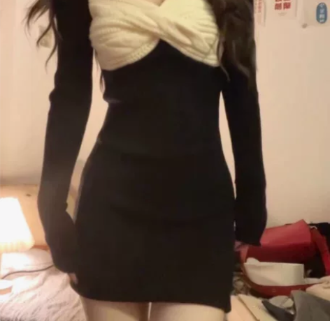 法式气质打底内搭针织连衣裙春季长袖修身紧身...