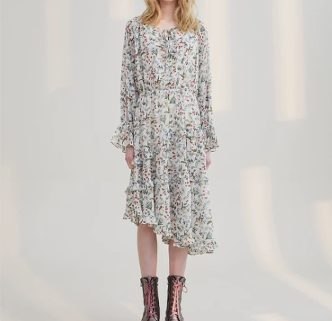 菀草壹 全新有吊牌 不规则荷叶边裙长款碎花...